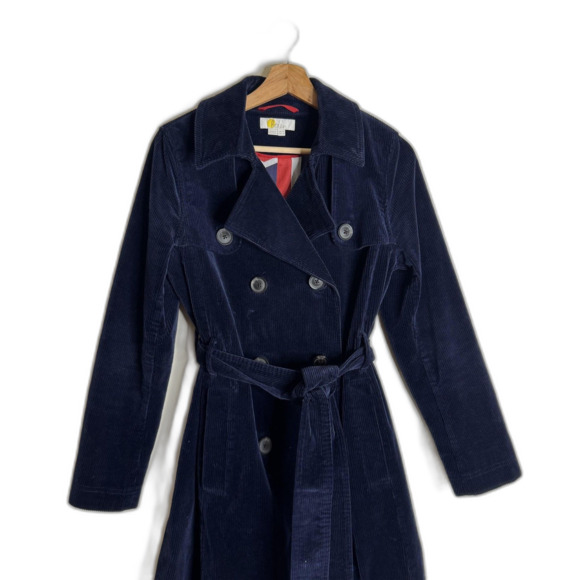 Boden markham Trench Coat Navy Corduroy Double Breasted Belted Long Jacket SZ 6 - Picture 4 of 14